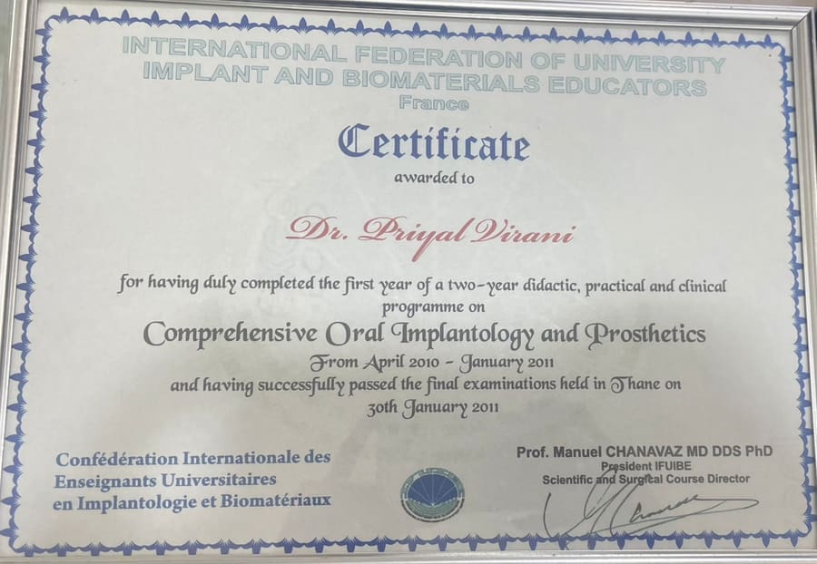Dr. Priyal Virani, Comprehensive Oral Implantology and Prosthetics certificate