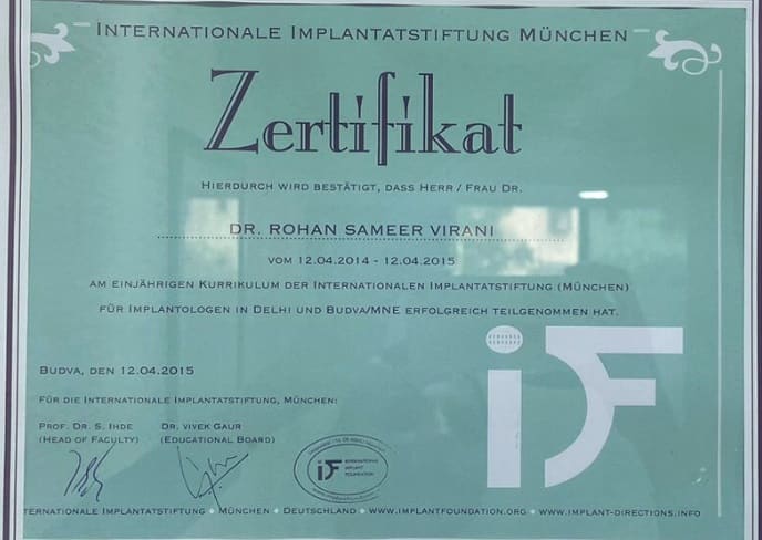 Dr. Rohan Virani, certificate from the International Implant Foundation, Munich
